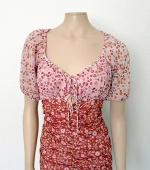 [Free People] Tessa Floral Puff Sleeve Ruched Open Back Mini Dress Size Large L thumbnail 4