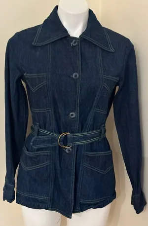 No Tag Denim Tie Blue Jean Jacket With Yellow Thread Collar Button Down Sz 9/10. thumbnail 1