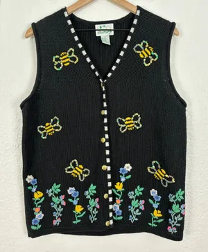 The Quacker Factory Knit Bee Floral Embroidered Sweater Vest Cottagecore Small thumbnail 1