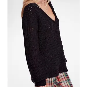 Free People Best Of You V-Neck Sweater Black Open Knit Slouchy Boho XS thumbnail 4