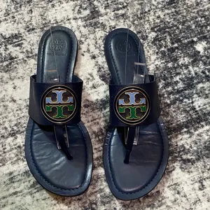 Tory Burch Benton Band Flat Sandals Calf Leather Royal Navy Size 9.5M thumbnail 1