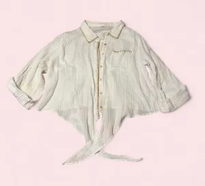 Natural Life Lightweight Ivory Tie-Front Button Shirt with Trim thumbnail 1