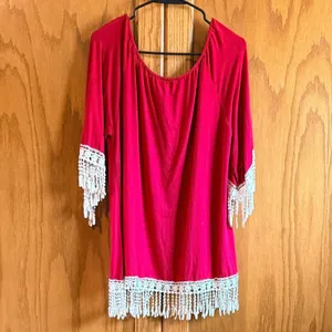R. Rouge Vintage Red Boho Crochet Fringe Tunic Top Large Flapper thumbnail 4