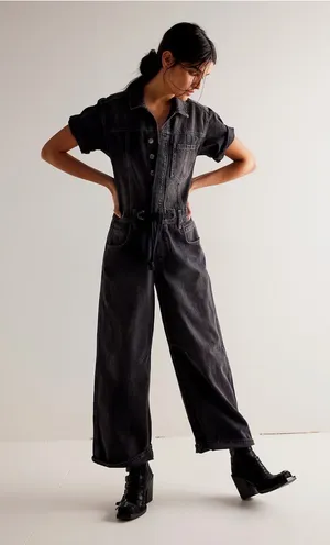 NWT Free People Edison Wide Leg Coverall Moxie Black Denim Jumpsuit XL thumbnail 1