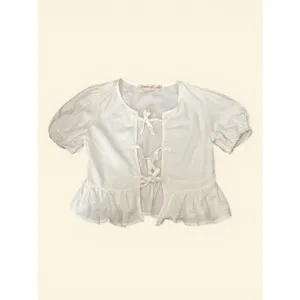 Liberty Love White Linen‎ Blend Tie Front Puff Sleeve Peplum Top XS thumbnail 2