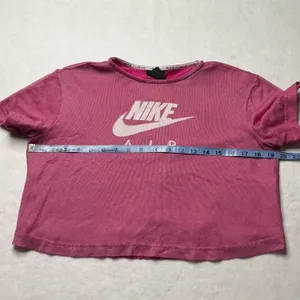 Nike Air Womens Pink Mesh‎ Overlay Crop Top XS Short Sleeve Graphic Tee thumbnail 5
