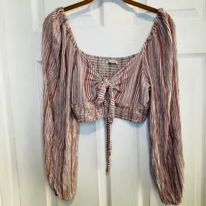 American Eagle Outfitters Striped Smocked Tie Front Crop Top Long Sleeve M thumbnail 3