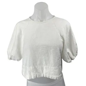 House Of Harlow 1960 Women's White Linen Short Puff Sleeve Crop Blouse Top Sz S thumbnail 1
