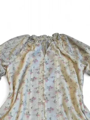 Cream Pink Floral Embroidered Puff Sleeve Blouse Cottagecore Feminine Victorian thumbnail 3