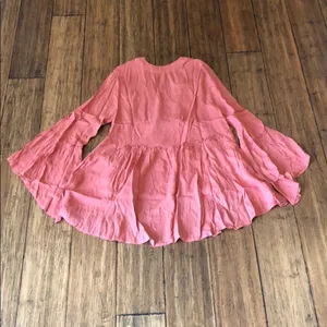 Coral Boho Crochet Lace Up V Neck Bell Sleeve Babydoll Hi Low Top Blouse Size S thumbnail 7
