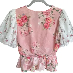 Anthropologie Hemant & Nandita Pink Embroidered Rose Garden Peplum‎ Blouse XS thumbnail 4