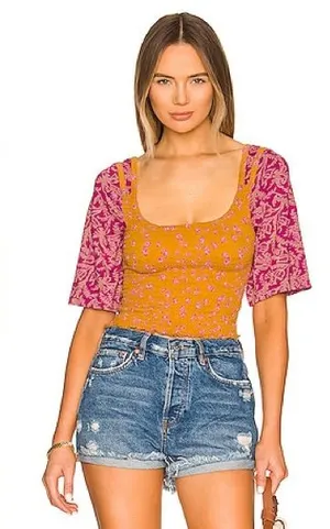 NWT Free People Marigold Tee Golden Combo Smocked Crop Top Boho Size Medium thumbnail 1