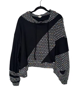POL Waffle Knit Hoodie Womens Large Black Multi Patchwork Excellent YKT935 Boho‎ thumbnail 1