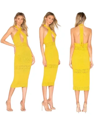 NBD Dress Women Medium Yellow Brandy Open Knit Crochet Halter Neck Midi Retro‎ thumbnail 2