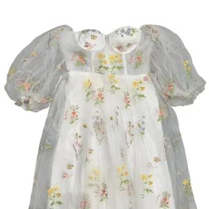 Women's Floral Embroidered Corset Maxi Puff Sleeve Dress in White, Size 12​​​ thumbnail 2