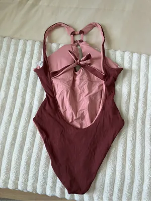 BECCA Ribbed Burgundy One-Piece Swimsuit with Pink Straps thumbnail 4