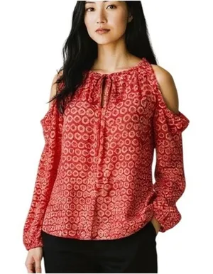 Michael Kors Orange‎ Red Open Shoulder Keyhole Blouse LARGE Bohemian NWT thumbnail 1