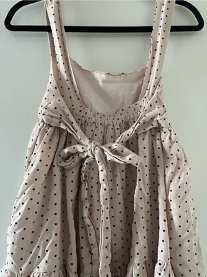 Cotton Cream Black Polka Dot Babydoll Mini Dress Small Coquette Tie Back thumbnail 6