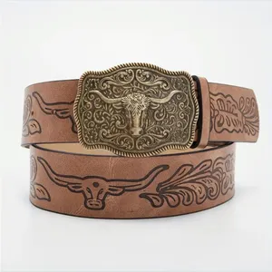 Western Bull Head Buckle Unisex‎ Belt Vintage Embossed Brown PU Leather Belt thumbnail 11