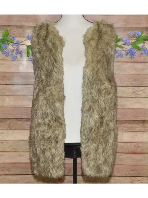 Brown Faux Fur Vest Womens L Black Sweater Knit Back Boho Western Open Front thumbnail 2
