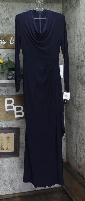 Betsy & Adam Womens Cowled Neck Long Sleeve Jersey Knit V-Neck Dress Navy Blue 6 thumbnail 1