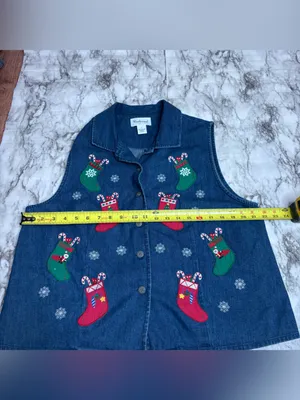 Westbound vintage Denim Holiday Vest Blue Red Green Stockings 90s large thumbnail 6