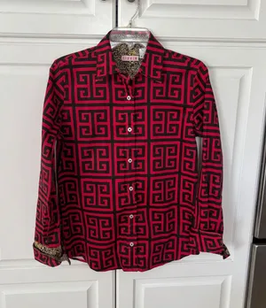 Tizzie‎ Red Black Greek Key Button Down Shirt Leopard Trim Small thumbnail 1