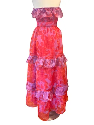Anthropologie Strapless Tiered Maxi Dress Pink Orange Floral Ruffle Belted XL thumbnail 6