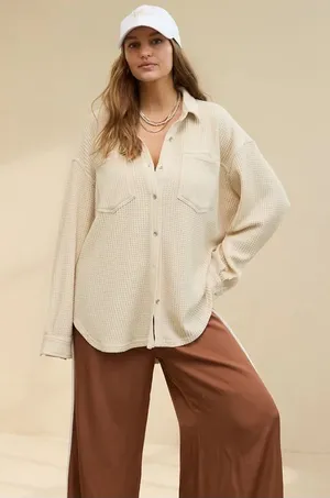 Aerie Anytime Fave‎ Waffle Shirt Cabe Batter Oversized Shacket Size Large thumbnail 1