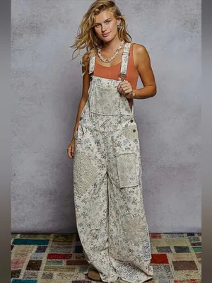 NWT POL Touch of Flowers Crochet Patch Overalls, Cream Floral Patchwork thumbnail 6