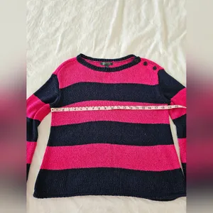 Lauren Ralph Lauren Pink & Navy Striped Button Shoulder Sweater – Size M thumbnail 6