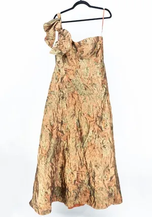 NEW Mac Duggal 11157 One Shoulder Bronze Gold Metallic Party Ball Gown Dress 12 thumbnail 1