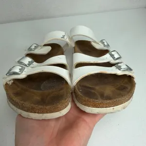 Birkenstock Birki's 39 L8 Sandals Florida Birko-Flor White Patent Triple Strap Slide Germany thumbnail 12
