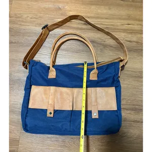 Navy Blue Canvas Tote Bag Tan Faux Leather Trim Crossbody Laptop Travel Satchel thumbnail 4