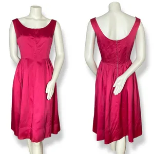 Vintage 1950s Dress A-Line Pink‎ Sleeveless Retro Satin FLAWS Handmade Zip-Up thumbnail 2