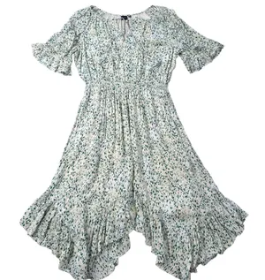 Kaari Blue Handkerchief Hem Midi Dress Women's Large Elastic Waist Ruffle Green thumbnail 1
