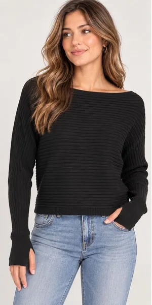 Bobi Black Ribbed Sweater Womens Medium Black Boatneck Thumbhole 34D-88527 thumbnail 1