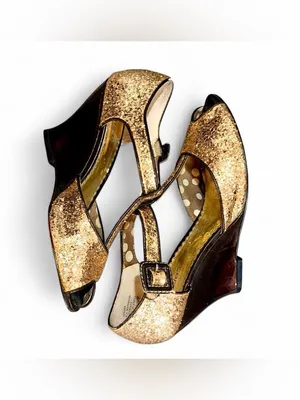 Kenzie ‘GINGER’ Gold Glitter Peep Toe Wedge Kitten Heel Mary Jane Sandals Sz 8 thumbnail 3
