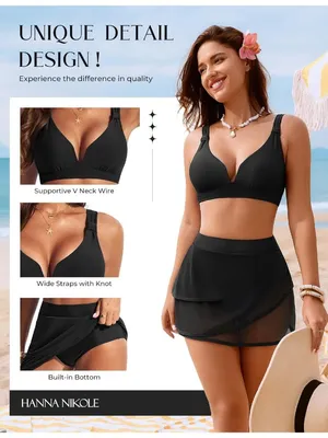 Hanna Nikole 2 PCS High Waist Bikini Tummy Control Black Swimsuit Skirt LARGE thumbnail 4