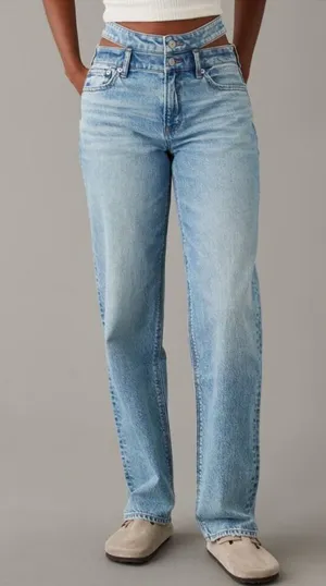 American Eagle Strigid Super Hi rise Baggy Straight Jeans 4 short cut out double waist thumbnail 1