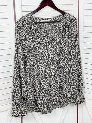 Loft Leopard Print Gathered Neck Button Up Blouse Cream Tan Large Long Sleeve thumbnail 7