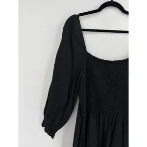 New‎ Look Curves Midi Dress Womens 14 Black Smocked Linen Blend Cottagecore Boho thumbnail 5