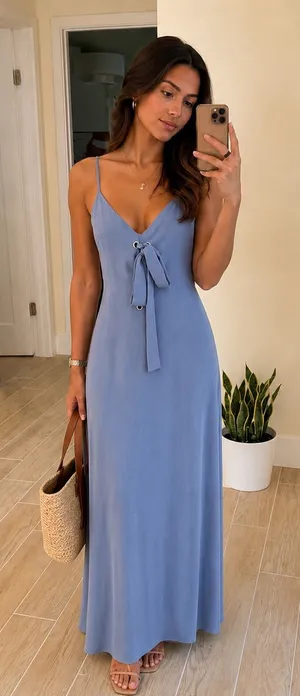Forever 21 Dusty Blue Tie-Front Silky Slip Maxi Long Dress Small thumbnail 1