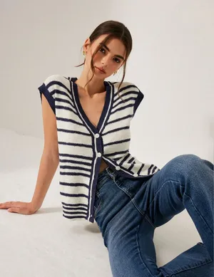 Commense Navy and White Striped Sleeveless Cardigan Vest Top thumbnail 1