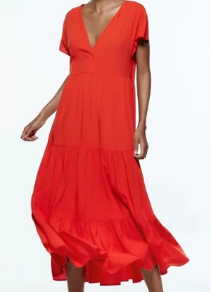 Zara‎ Tiered Midi Dress Short Sleeve V-neck Wrap Flounced Hem Red/ Orange XS thumbnail 1