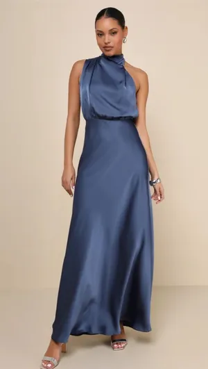 NWT Lulu’s Slate Blue Asymmetrical Maxi Dress thumbnail 1