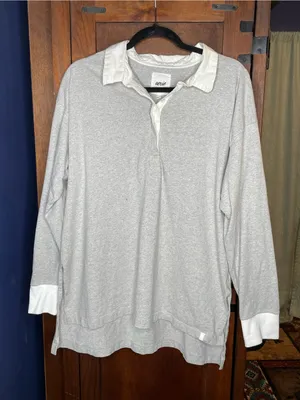 Aerie Womens Oversized Rugby Polo Shirt Medium Gray White Preppy Coastal Lounge thumbnail 2