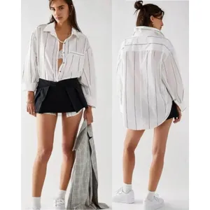 Free People Oversized Happy Hour Stripe Button Down Top White Black Small Preppy thumbnail 4