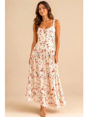 Caroline Constas Cream Floral Tie-Front Midi Dress Cottage Core Feminine Dress thumbnail 4