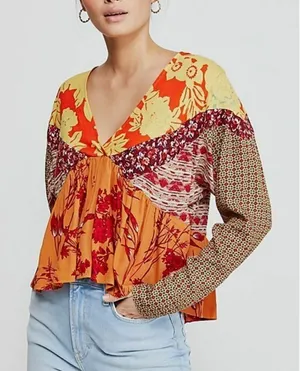 Free People Aloha State of Mind Patchwork Blouse Top Small thumbnail 1
